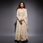Rose Gold Lucknowi Embroidered Anarkali Gown Dupatta Set