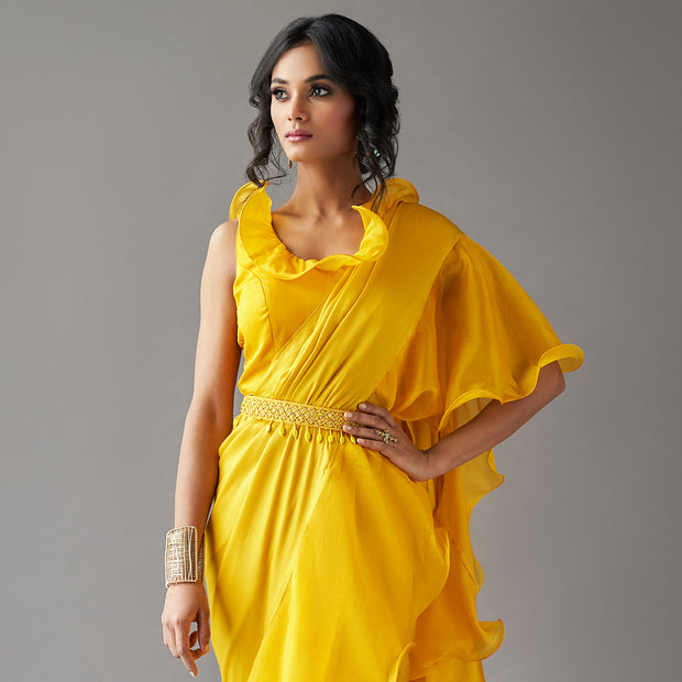 Mustard Solid Ruffled Sari Set