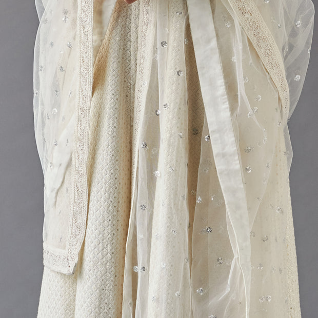 Ivory Lucknowi Embroidered Anarkali Gown Dupatta Set